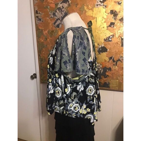 Free People Womens Large Cold Shoulder Blouse Top Black Yellow Floral Tie-Neck - Picture 2 of 6